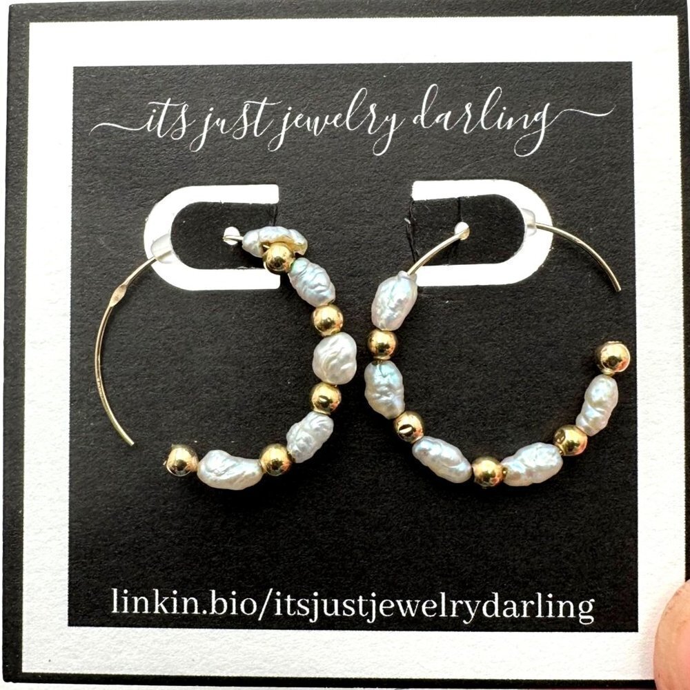 Womens Earrings 14K Yellow Gold Seed Pearl One Inch Hoop Pierced Gift Idea